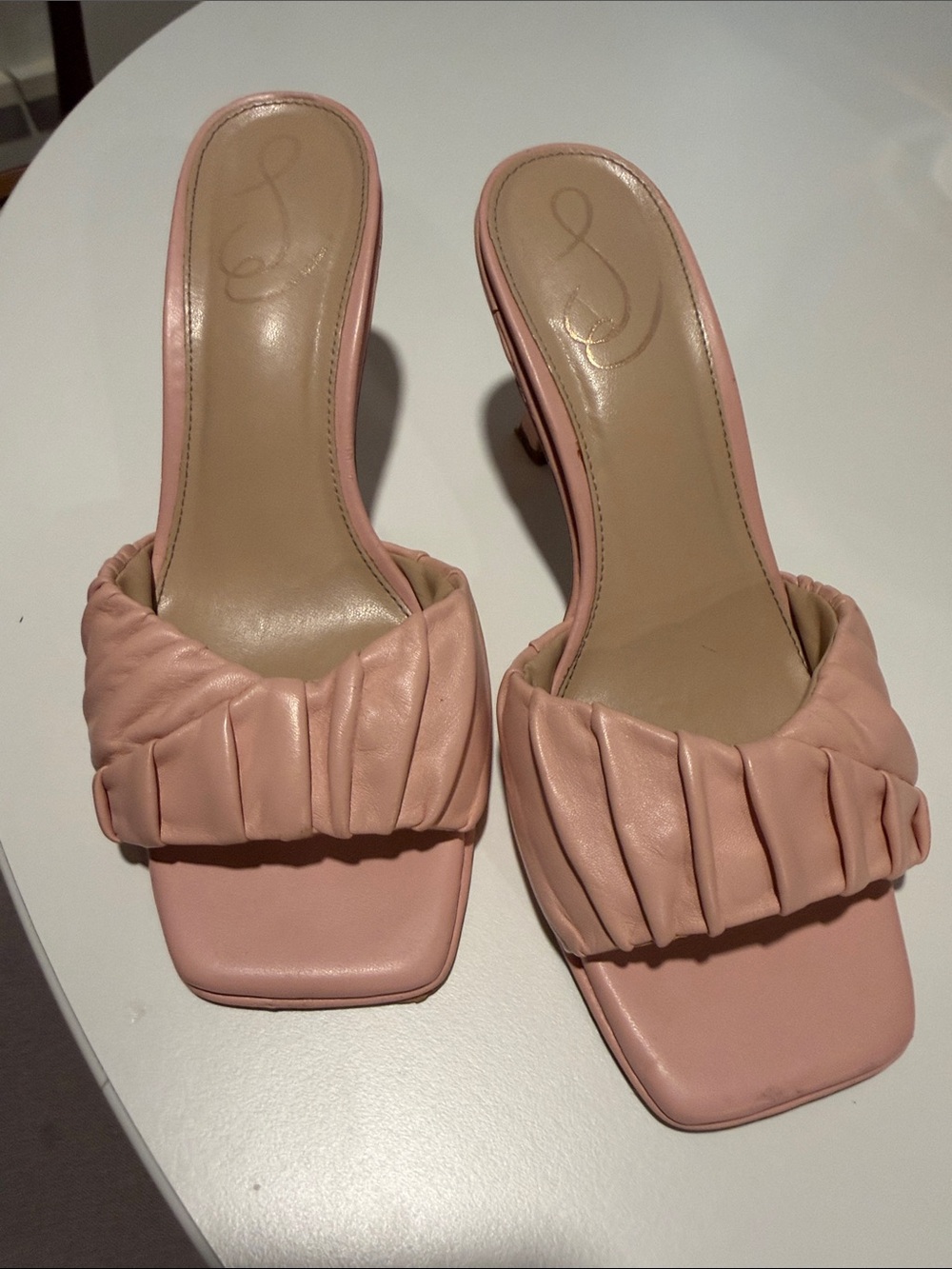 Sam Edelman Pink Ruched Square-Toe Slide Heels